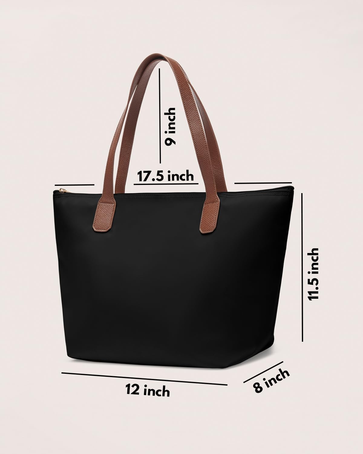 Tote Bag for Women - Nylon Tote Bags - Large Shoulder Tote Bag with Zipper & Foldable - Handbag for Everyday Work Weekend - Black