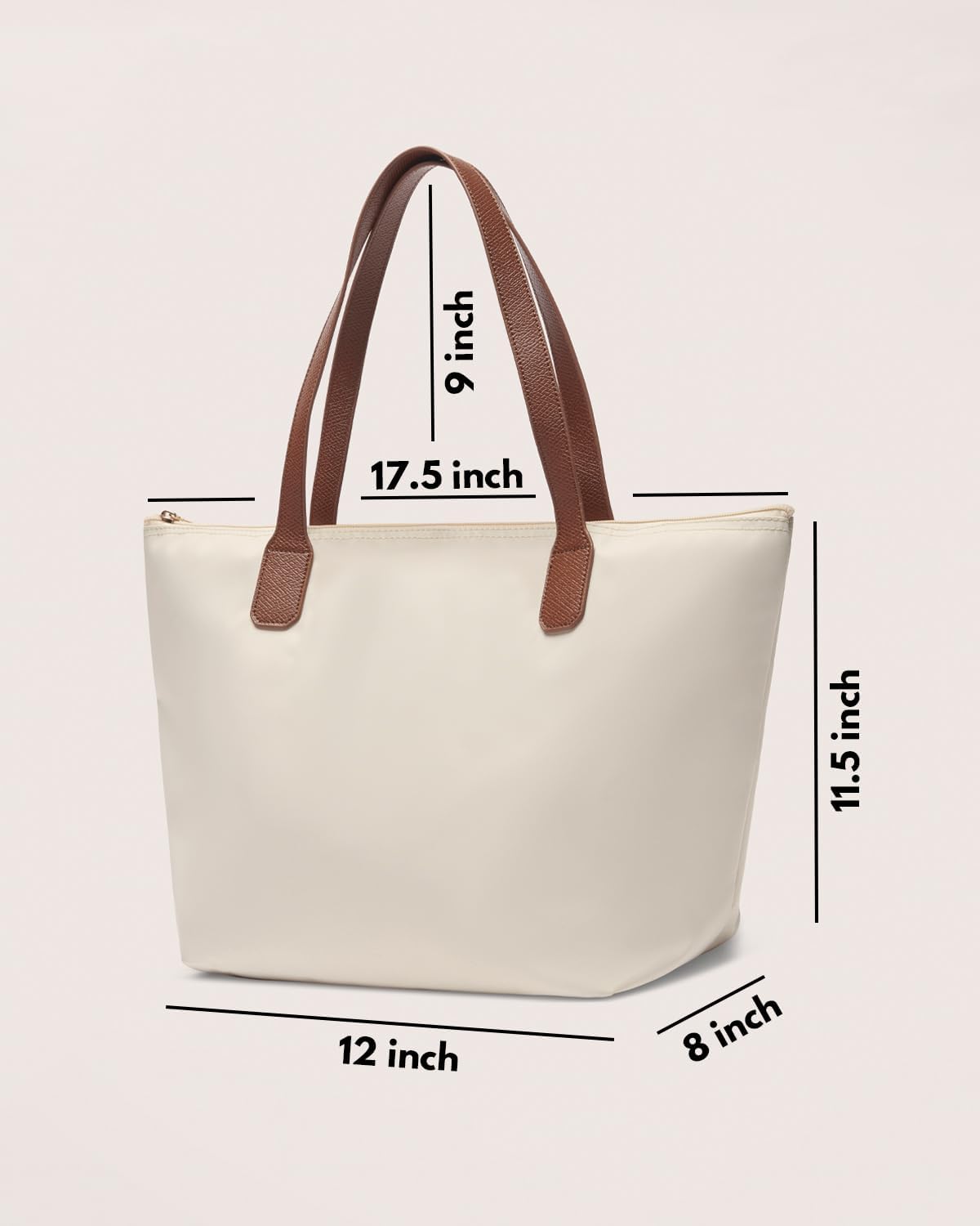 Tote Bag for Women - Nylon Tote Bags - Large Shoulder Tote Bag with Zipper & Foldable - Handbag for Everyday Work Weekend - Beige