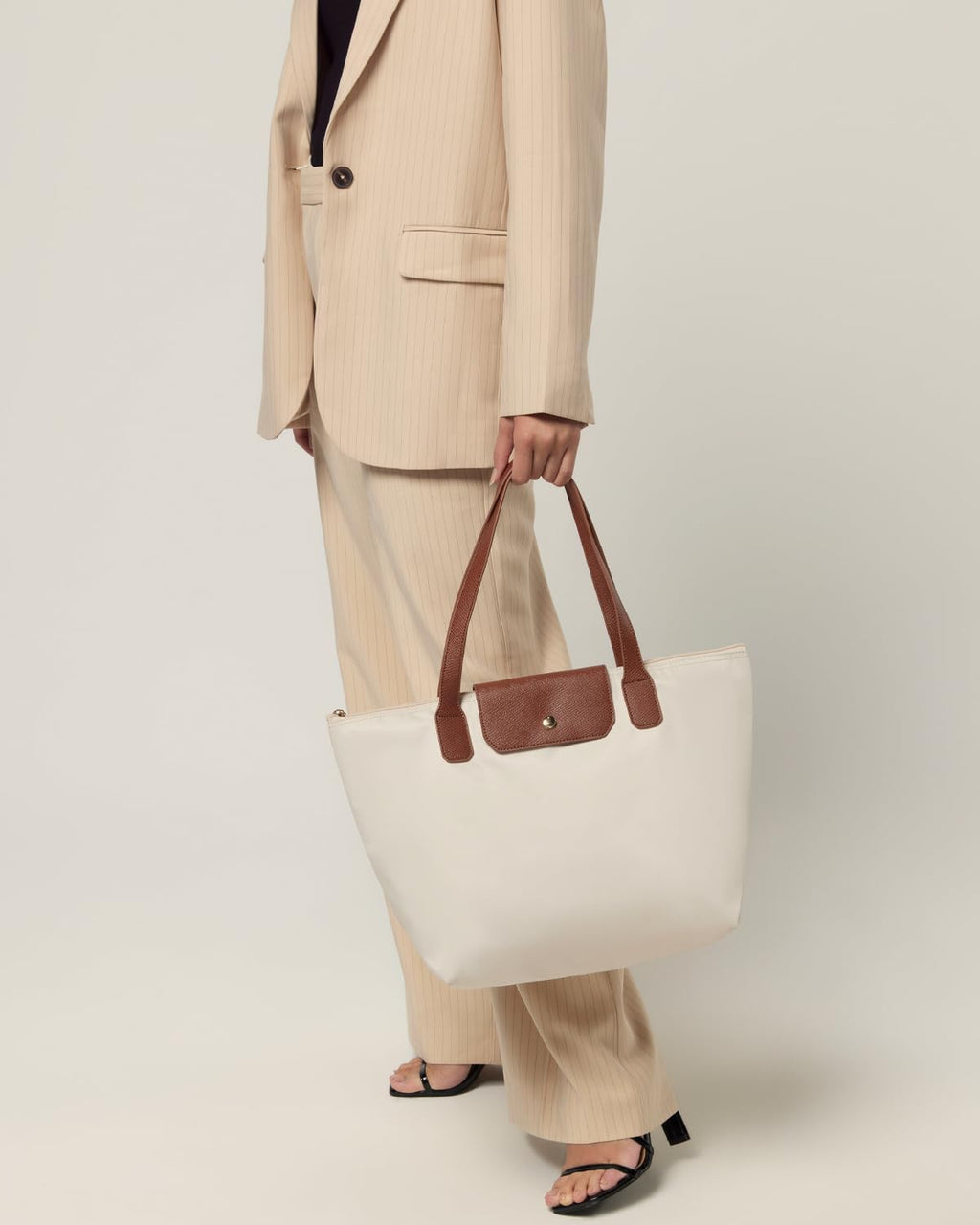 Tote Bag for Women - Nylon Tote Bags - Large Shoulder Tote Bag with Zipper & Foldable - Handbag for Everyday Work Weekend - Beige