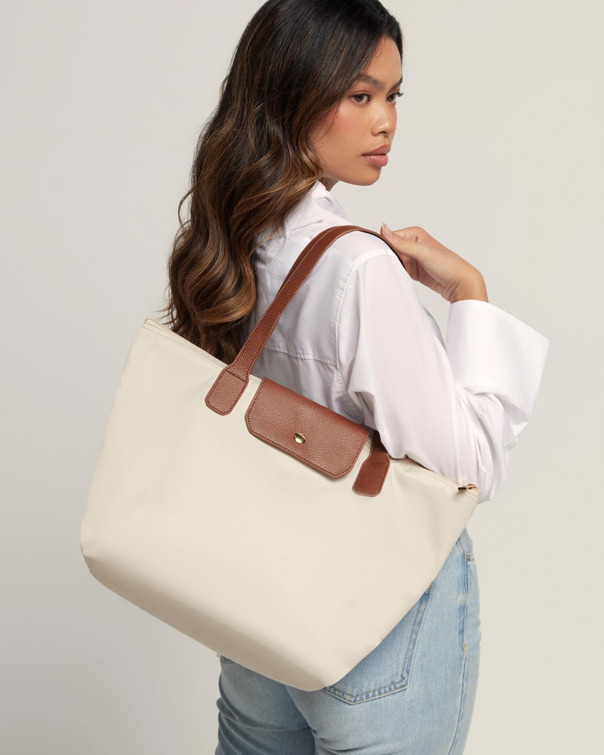 Tote Bag for Women - Nylon Tote Bags - Large Shoulder Tote Bag with Zipper & Foldable - Handbag for Everyday Work Weekend - Beige