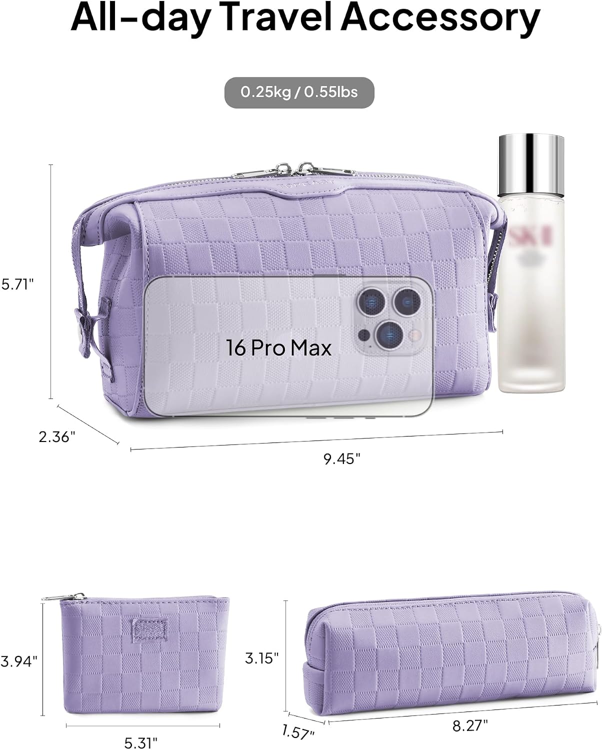 TOPEAST Travel Makeup Bag Cosmetic Bags for Women, 3 Pcs Set Make Up Toiletry Bag with Removable Zip Pouch, Waterproof Leather Makeup Brush Organizer for Travel Essentials, Purple