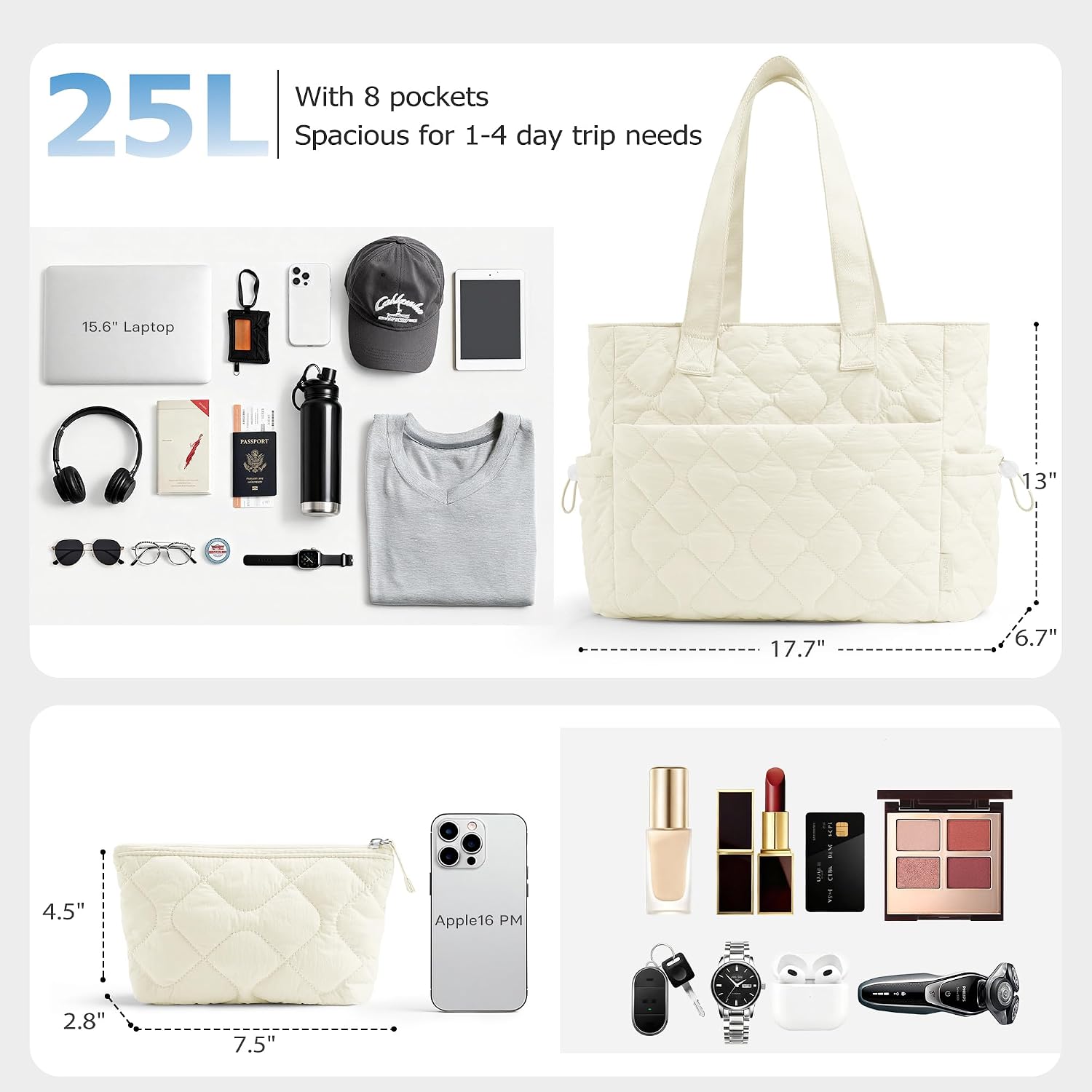 TOPEAST Tote Bag for Women Puffy Tote Travel Bag, Light 15.6" Laptop Work Handbag, Quilted Shoulder Bag Purse for Student Gym