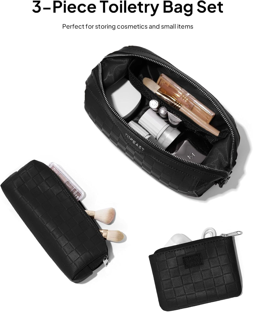 TOPEAST Travel Makeup Bag Cosmetic Bags for Women, 3 Pcs Set Make Up Toiletry Bag with Removable Zip Pouch, Waterproof Leather Makeup Brush Organizer for Travel Essentials, Black