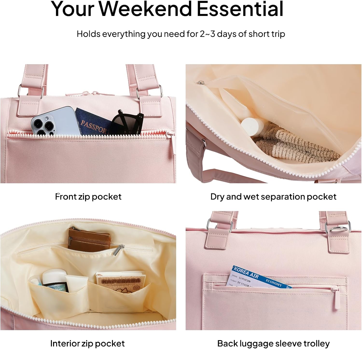 Travel Duffle Bag for Women, 40L Weekender Bags Airline Approved Carry On with Shoe Compartment & Waterproof Wet Pocket, Durable Nylon Weekender Overnight Bag for Travel, Gym, Business Trip, Pink