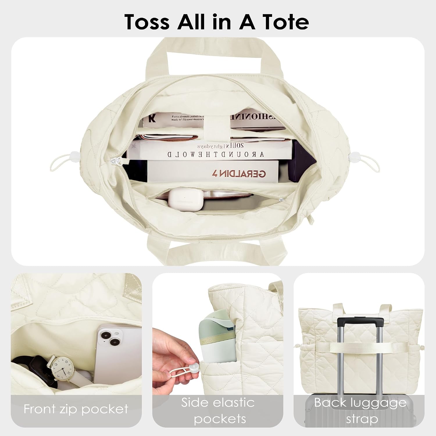TOPEAST Tote Bag for Women Puffy Tote Travel Bag, Light 15.6" Laptop Work Handbag, Quilted Shoulder Bag Purse for Student Gym