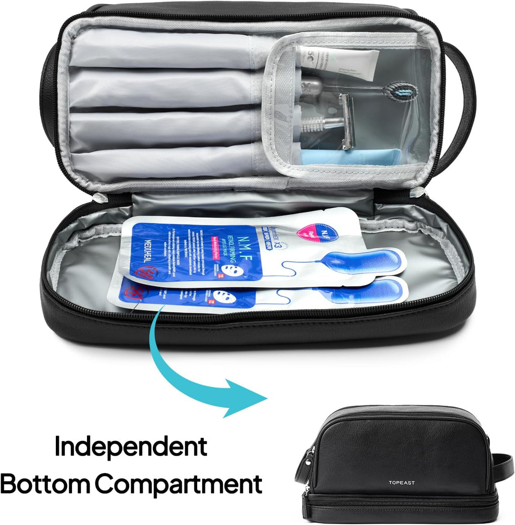 TOPEAST Toiletry Bag for Men, Large PU Leather Dopp Kit with Waterproof Wet Pocket, Double Layer Travel Toiletry Organizer with Brush Compartment, Shaving Bag with Handle, Black