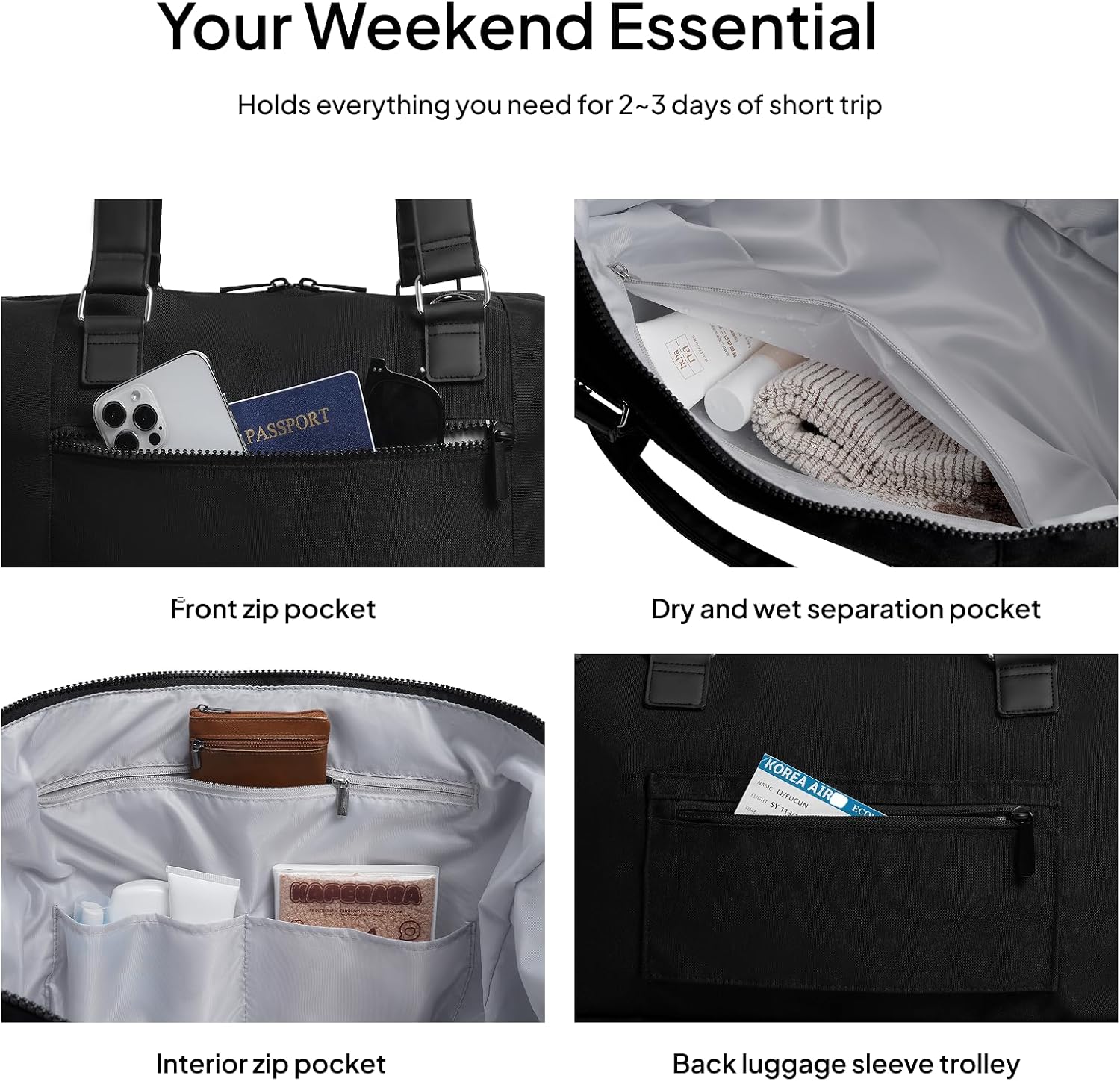 Travel Duffle Bag for Women,40L Weekender Bags Airline Approved Carry On with Shoe Compartment & Waterproof Wet Pocket, Durable Nylon Weekender Overnight Bag for Travel, Gym, Business Trip, Black