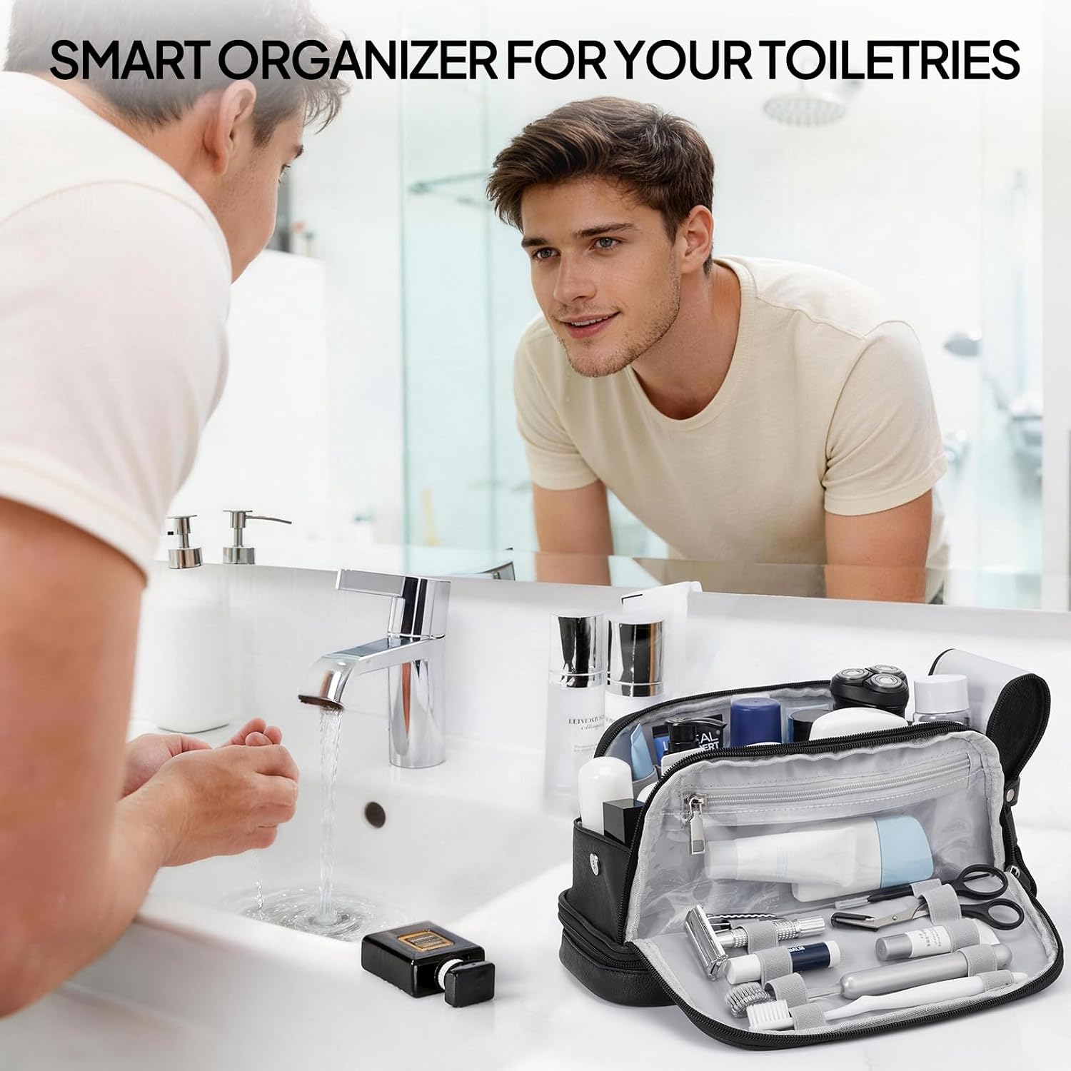 TOPEAST Toiletry Bag for Men, Large PU Leather Dopp Kit with Waterproof Wet Pocket, Double Layer Travel Toiletry Organizer with Brush Compartment, Shaving Bag with Handle, Black