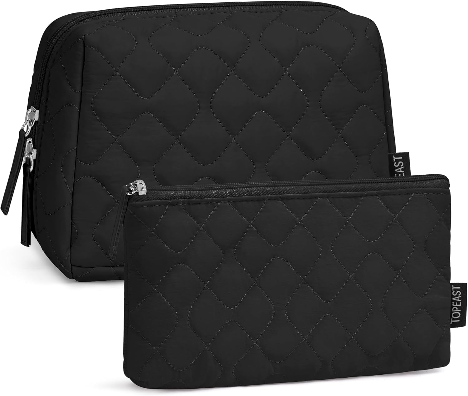 TOPEAST Christmas Gifts for Women Girls - 2Pcs Makeup Bag Small Travel Cosmetic Bag Puffy Make Up Pouch Set, Open Flat Waterproof Toiletry Bags Organizer for Traveling, Black