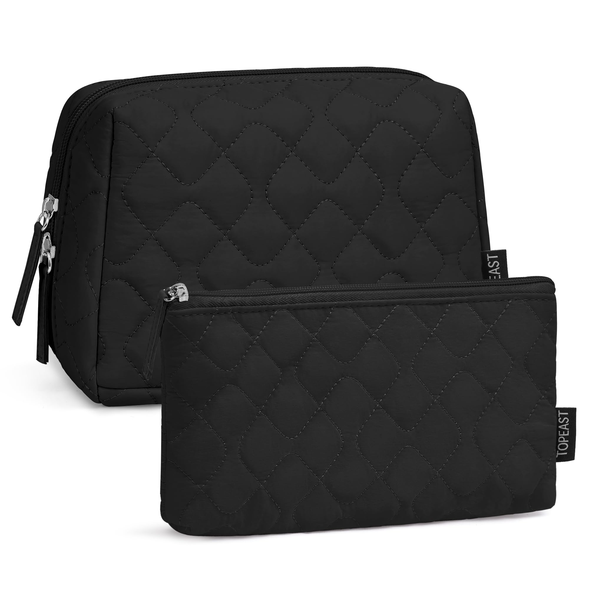 TOPEAST Christmas Gifts for Women Girls - 2Pcs Makeup Bag Small Travel Cosmetic Bag Puffy Make Up Pouch Set, Open Flat Waterproof Toiletry Bags Organizer for Traveling, Black