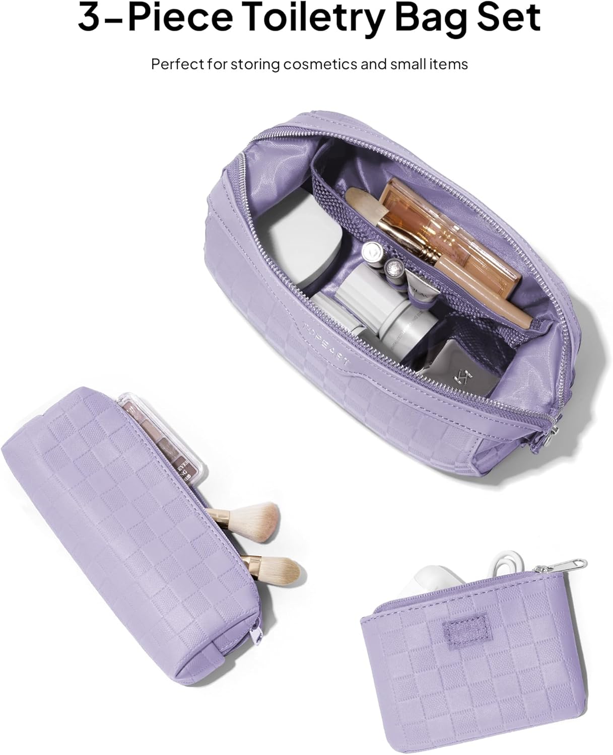 TOPEAST Travel Makeup Bag Cosmetic Bags for Women, 3 Pcs Set Make Up Toiletry Bag with Removable Zip Pouch, Waterproof Leather Makeup Brush Organizer for Travel Essentials, Purple