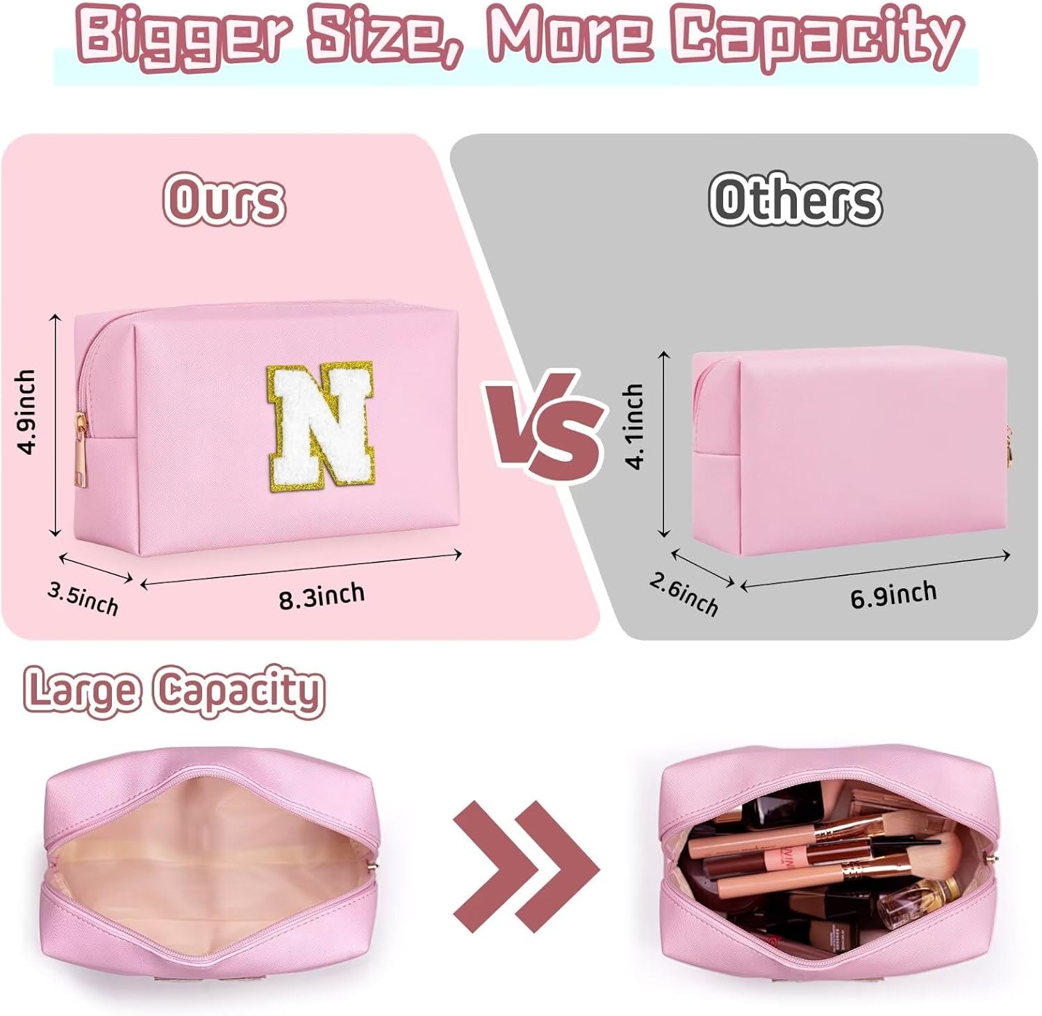 TOPEAST Initial Makeup Bag, Birthday Gifts for 4 5 6 7 8 9 10 11 12 Year Old Teen Girls, Teacher Gift Graduation Gift, Personalized Preppy Cosmetic Bags Toiletry Bag (Pink A)