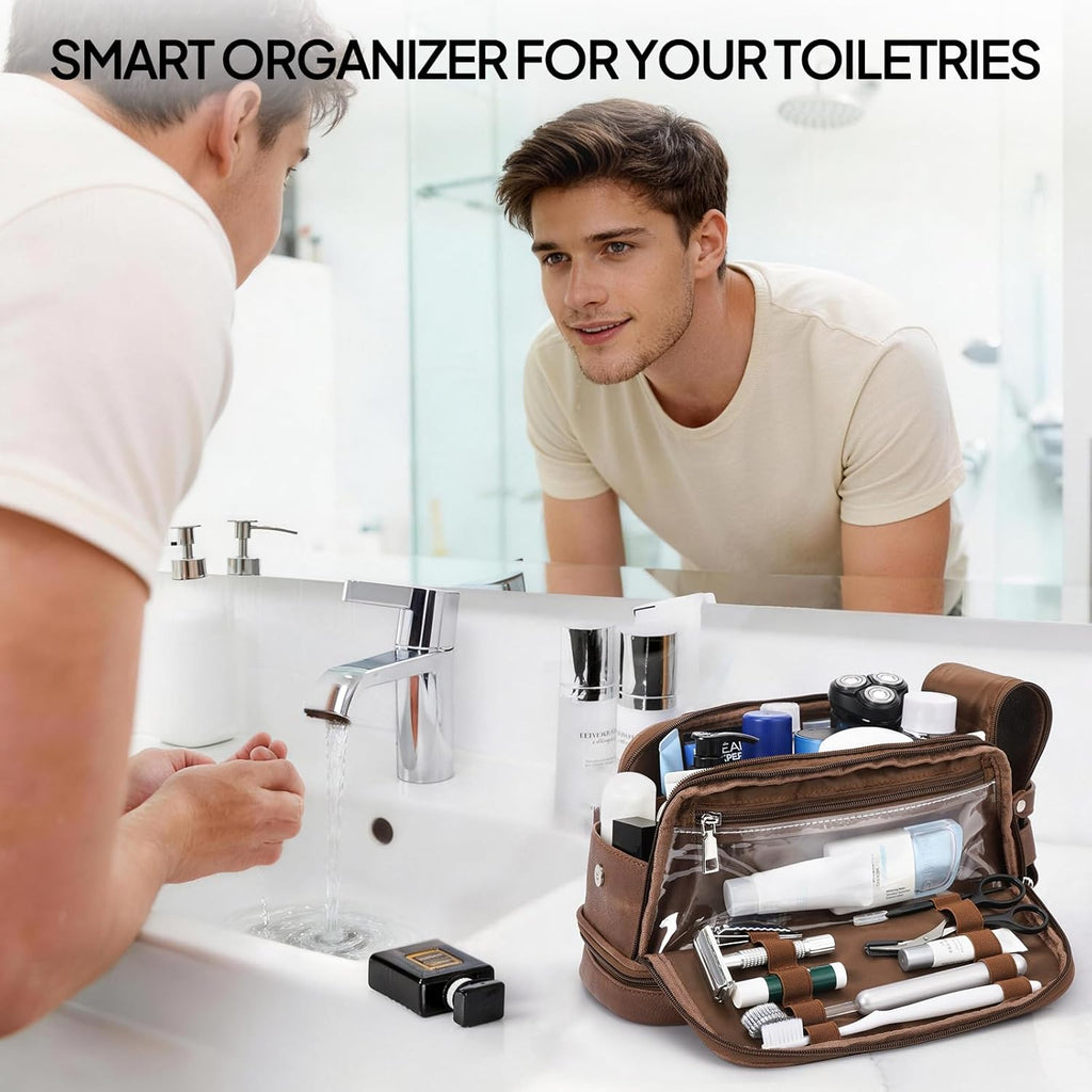 TOPEAST Toiletry Bag for Men, Large PU Leather Dopp Kit with Waterproof Wet Pocket, Double Layer Travel Toiletry Organizer with Brush Compartment, Shaving Bag with Handle, Brown