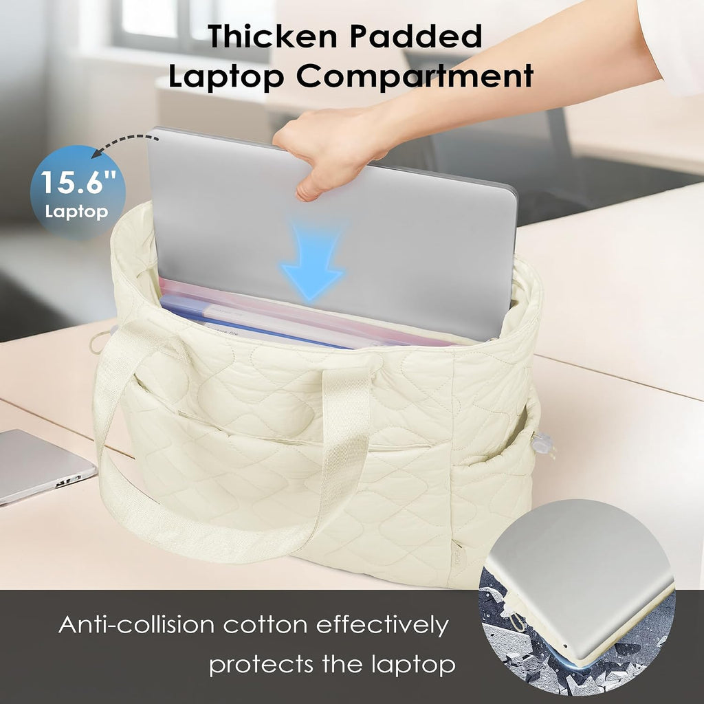 TOPEAST Tote Bag for Women Puffy Tote Travel Bag, Light 15.6" Laptop Work Handbag, Quilted Shoulder Bag Purse for Student Gym