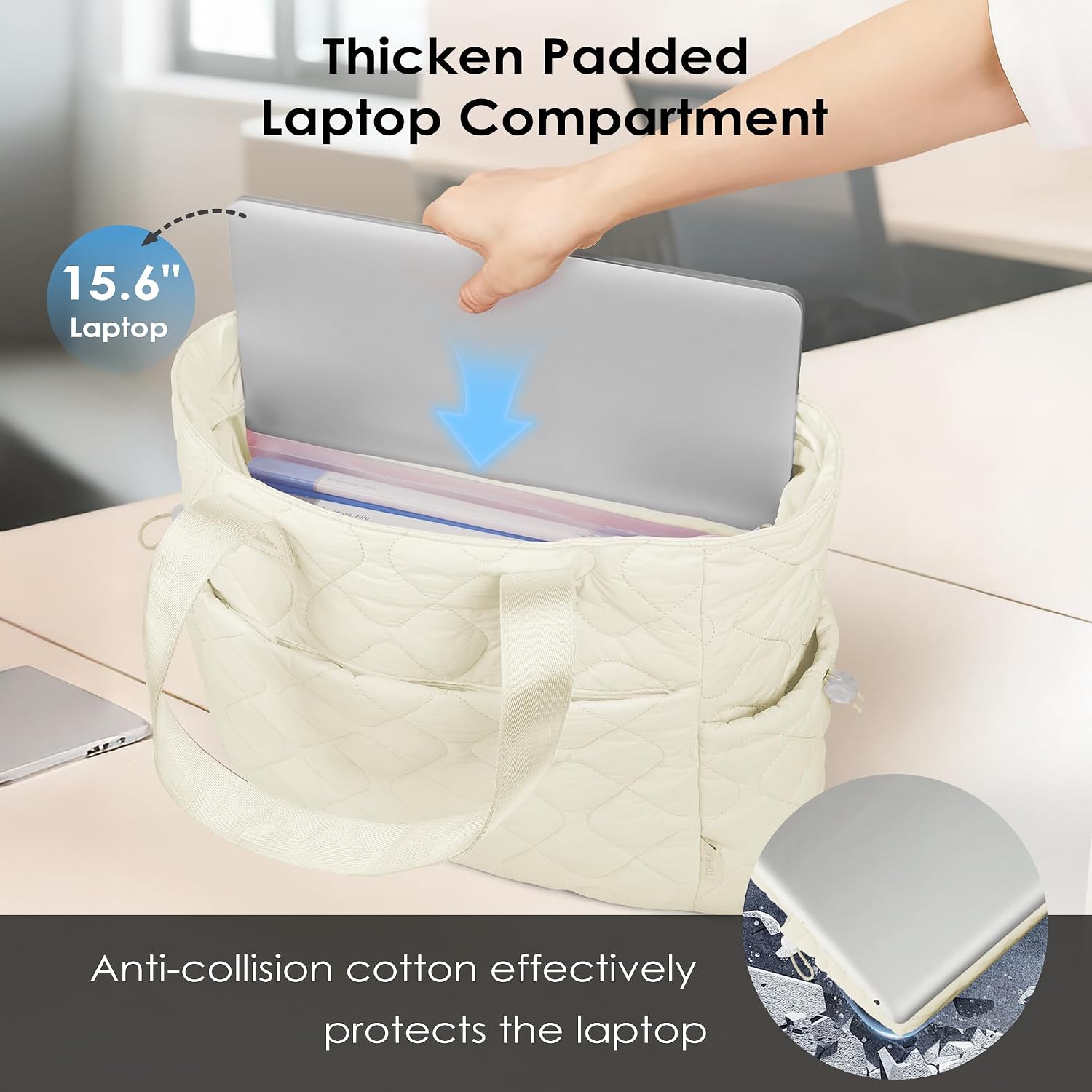 TOPEAST Tote Bag for Women Puffy Tote Travel Bag, Light 15.6" Laptop Work Handbag, Quilted Shoulder Bag Purse for Student Gym