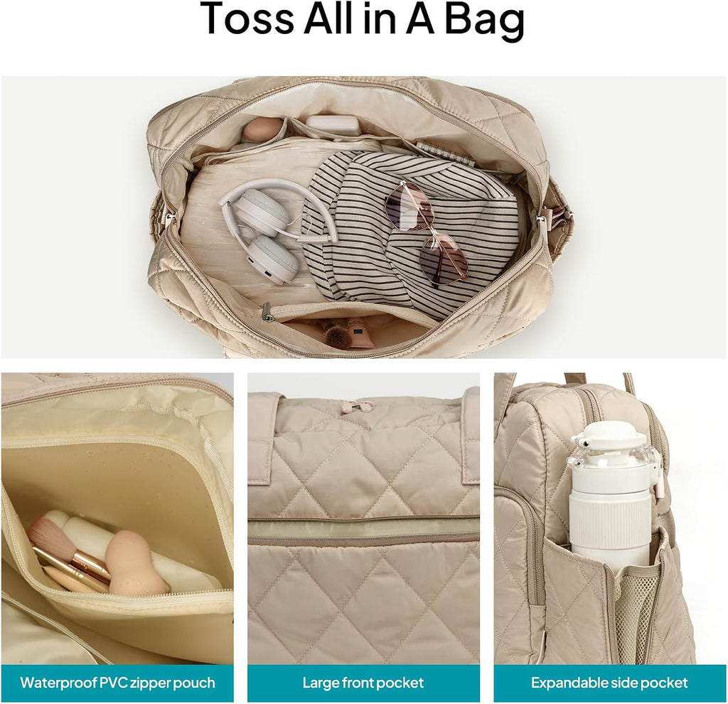TOPEAST Duffel Bag for Women Travel, Expandable Quilted Duffle Weekender Overnight Bag with Adjustable Strap, Lightweight 33L Personal Item Bag Carry On for Gym Hospital