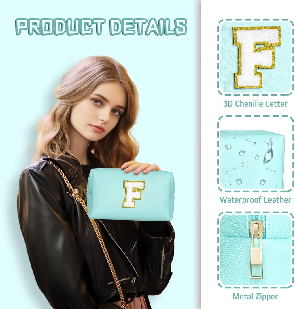 TOPEAST Preppy Small Makeup Bag, Chenille Letter Pouch Cosmetic Bag With Zipper, PU Leather Waterproof Toiletry Bag, Personalized Birthday Gift for Women, Cute Stuff for Girls (Blue D)