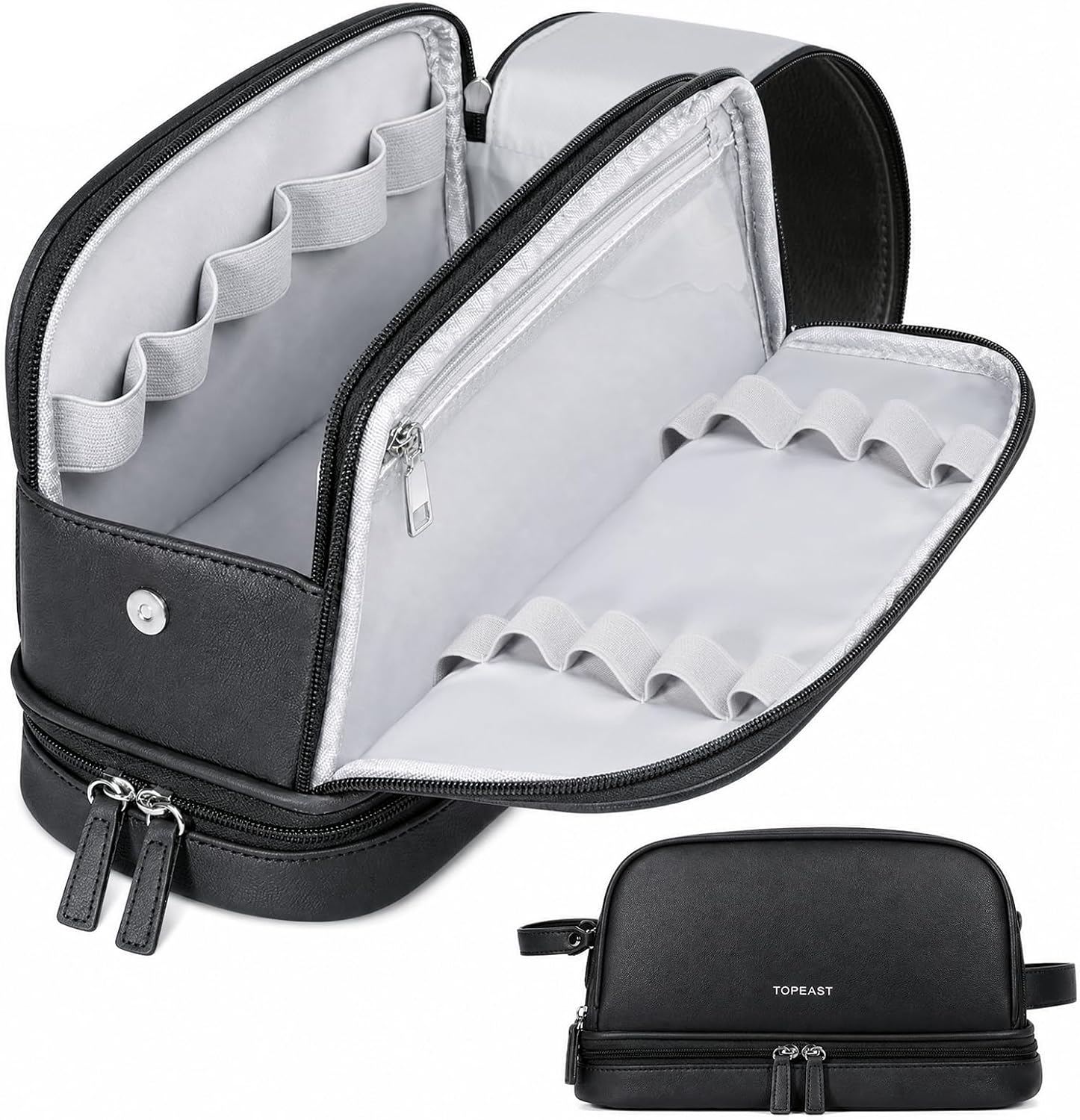 TOPEAST Toiletry Bag for Men, Large PU Leather Dopp Kit with Waterproof Wet Pocket, Double Layer Travel Toiletry Organizer with Brush Compartment, Shaving Bag with Handle, Black