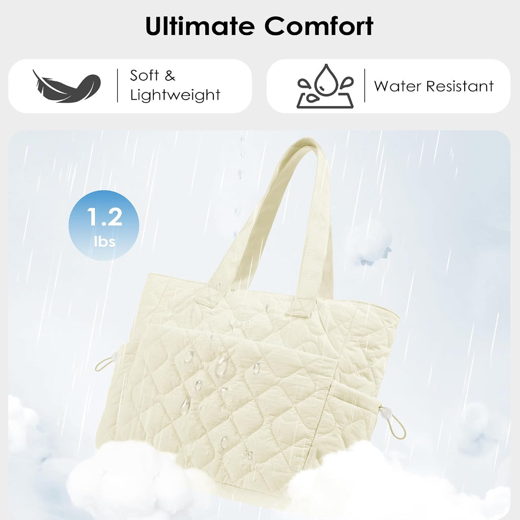 TOPEAST Tote Bag for Women Puffy Tote Travel Bag, Light 15.6" Laptop Work Handbag, Quilted Shoulder Bag Purse for Student Gym