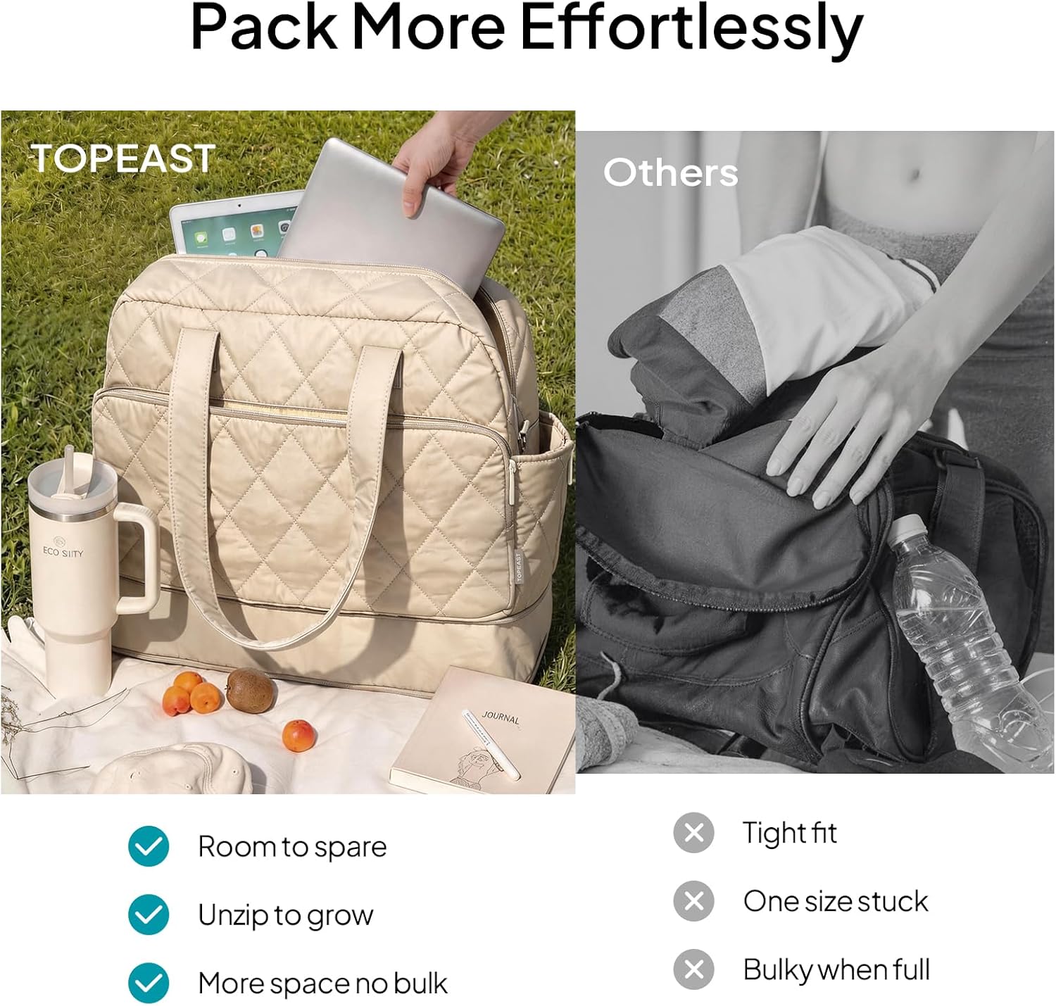 TOPEAST Duffel Bag for Women Travel, Expandable Quilted Duffle Weekender Overnight Bag with Adjustable Strap, Lightweight 33L Personal Item Bag Carry On for Gym Hospital