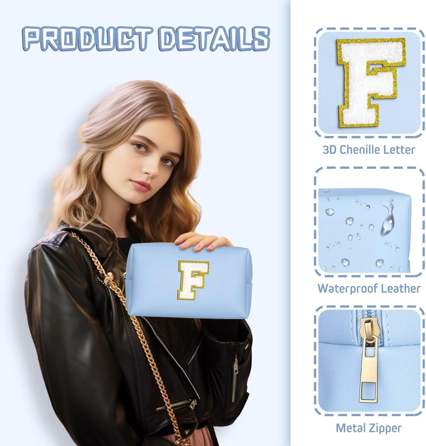 TOPEAST Cosmetic Travel Bags for Women, Preppy Small Makeup Bag, PU Leather Waterproof Toiletry Bag, Unique Friendship Gifts for Friends Coworker, Cute Stuff for Girls (Sky Blue R)