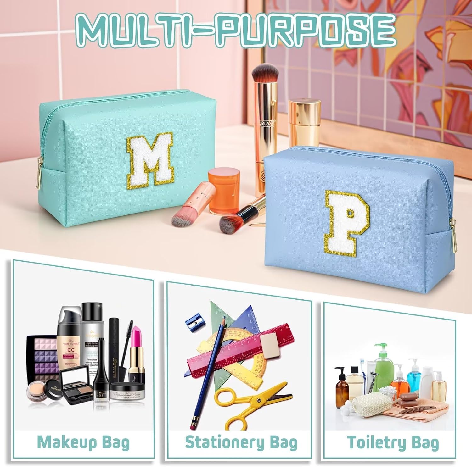 TOPEAST Preppy Small Makeup Bag, Chenille Letter Pouch Cosmetic Bag With Zipper, PU Leather Waterproof Toiletry Bag, Personalized Birthday Gift for Women, Cute Stuff for Girls (Blue D)