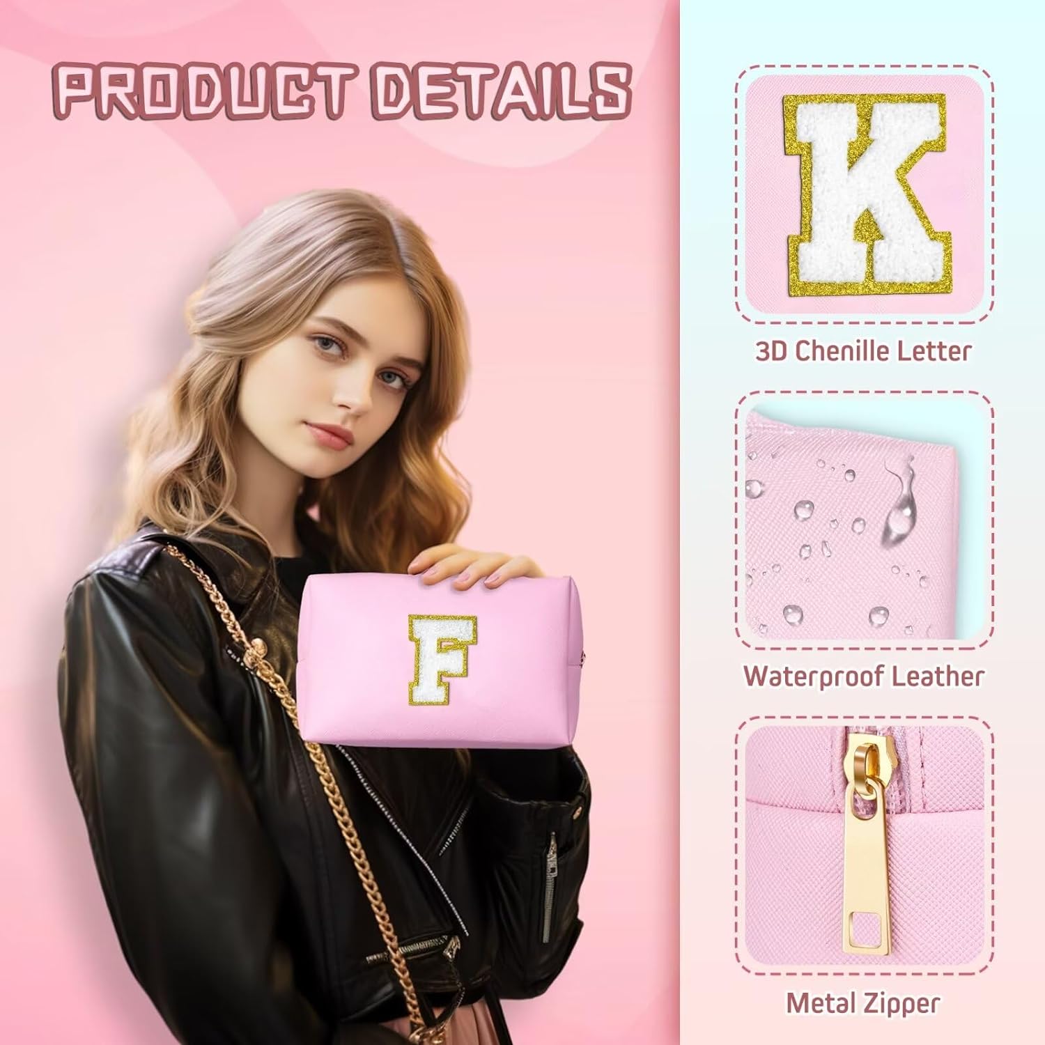 TOPEAST Initial Makeup Bag, Birthday Gifts for 4 5 6 7 8 9 10 11 12 Year Old Teen Girls, Teacher Gift Graduation Gift, Personalized Preppy Cosmetic Bags Toiletry Bag (Pink A)