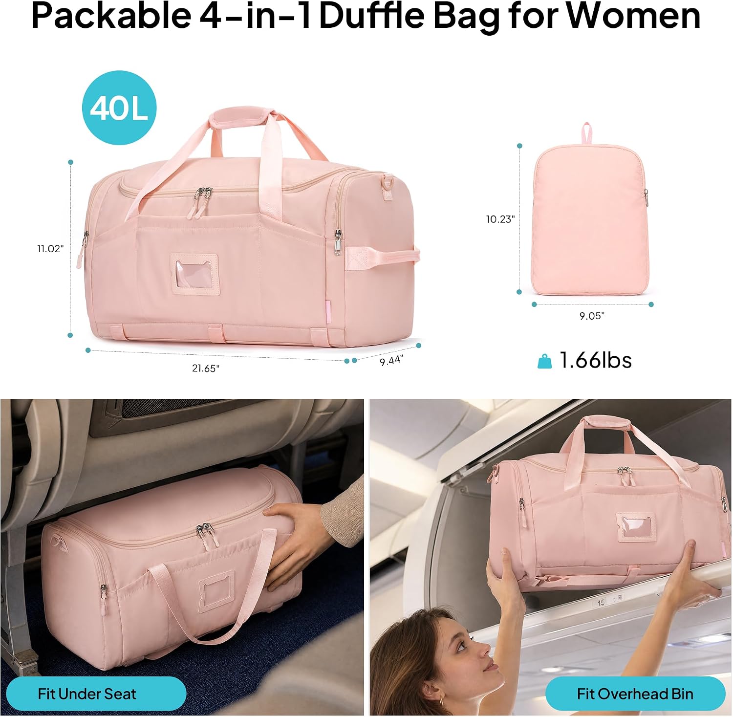 TOPEAST Foldable Duffle Bag for Travel, Large Travel Duffel Bags for Women | 4 in 1 Travel Backpack, Carry on Weekender Bags for Women Travel, 40L Capacity, Multi-Pocket, Water-resistant, Pink