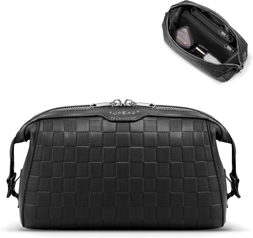 TOPEAST Travel Makeup Bag Cosmetic Bags for Women, 3 Pcs Set Make Up Toiletry Bag with Removable Zip Pouch, Waterproof Leather Makeup Brush Organizer for Travel Essentials, Black