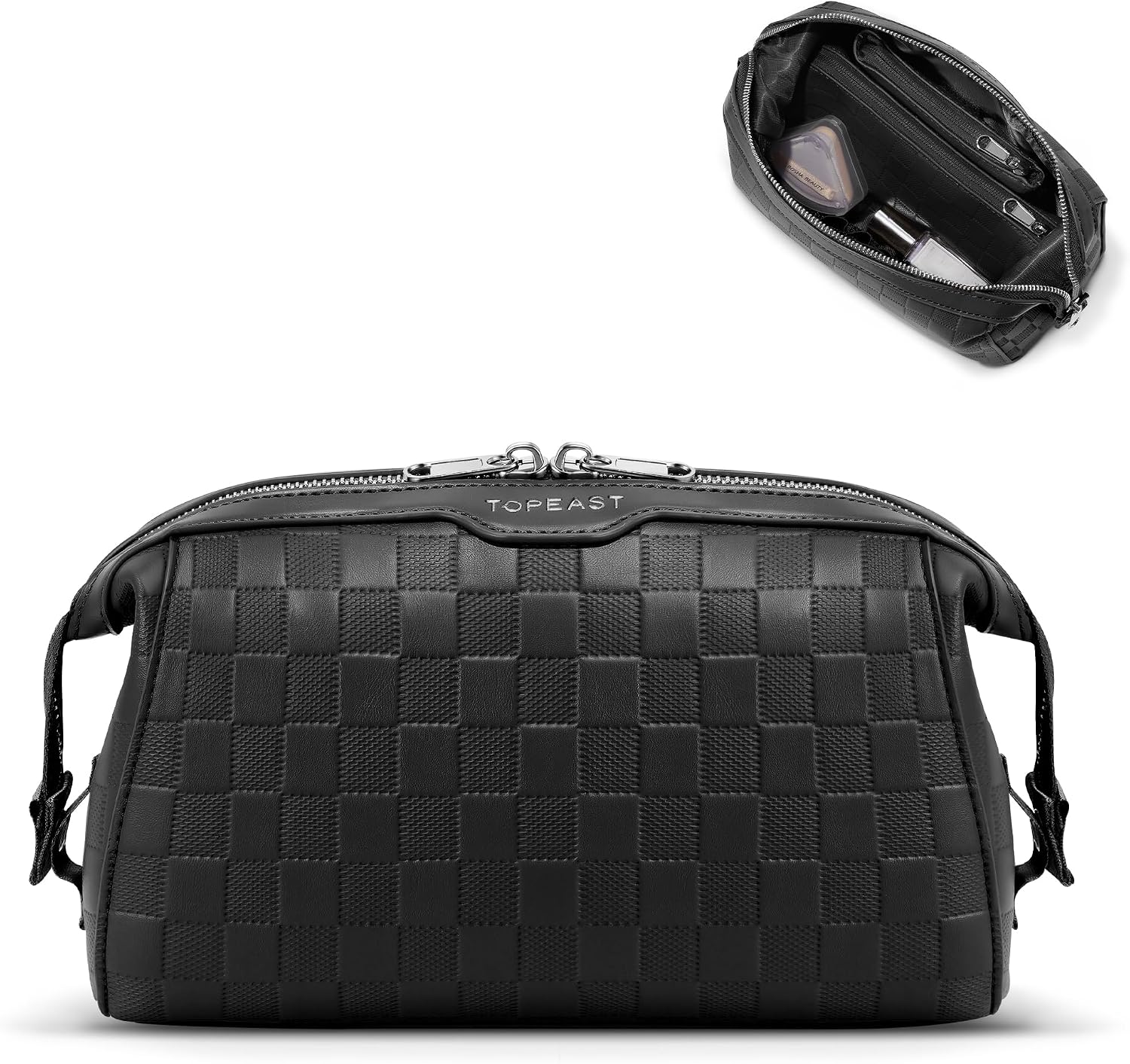TOPEAST Travel Makeup Bag Cosmetic Bags for Women, 3 Pcs Set Make Up Toiletry Bag with Removable Zip Pouch, Waterproof Leather Makeup Brush Organizer for Travel Essentials, Black