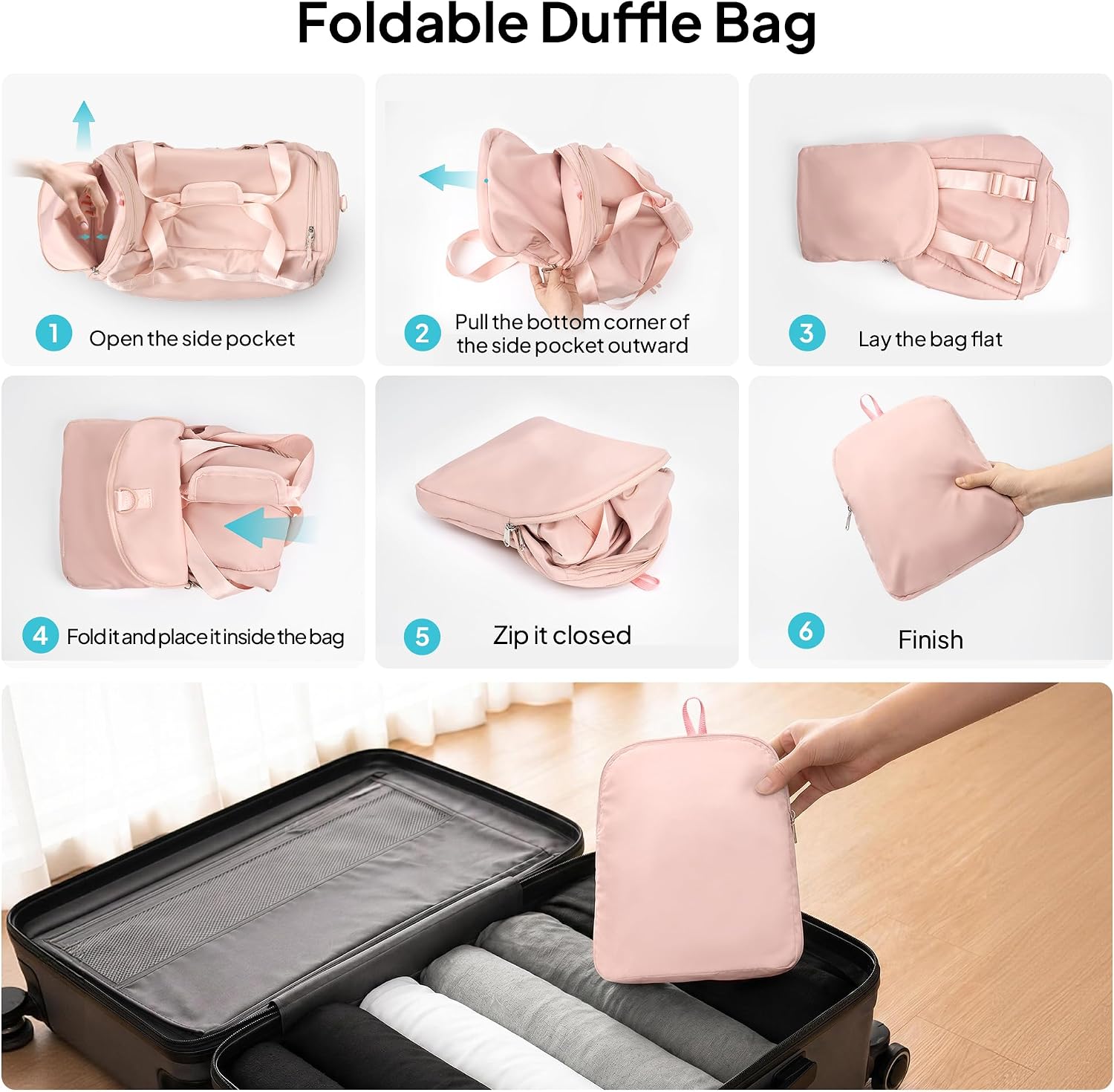 TOPEAST Foldable Duffle Bag for Travel, Large Travel Duffel Bags for Women | 4 in 1 Travel Backpack, Carry on Weekender Bags for Women Travel, 40L Capacity, Multi-Pocket, Water-resistant, Pink