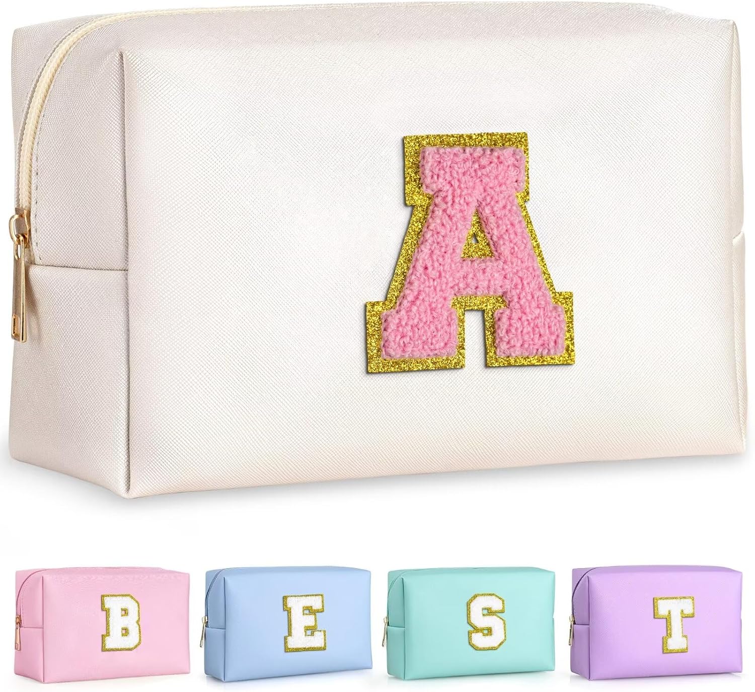 TOPEAST Birthday Gifts for 4 5 6 7 8 9 10 11 12 Year Old Girls, Initial Makeup Bag, Cosmetic Bag Travel Toiletry Pouch (White A)