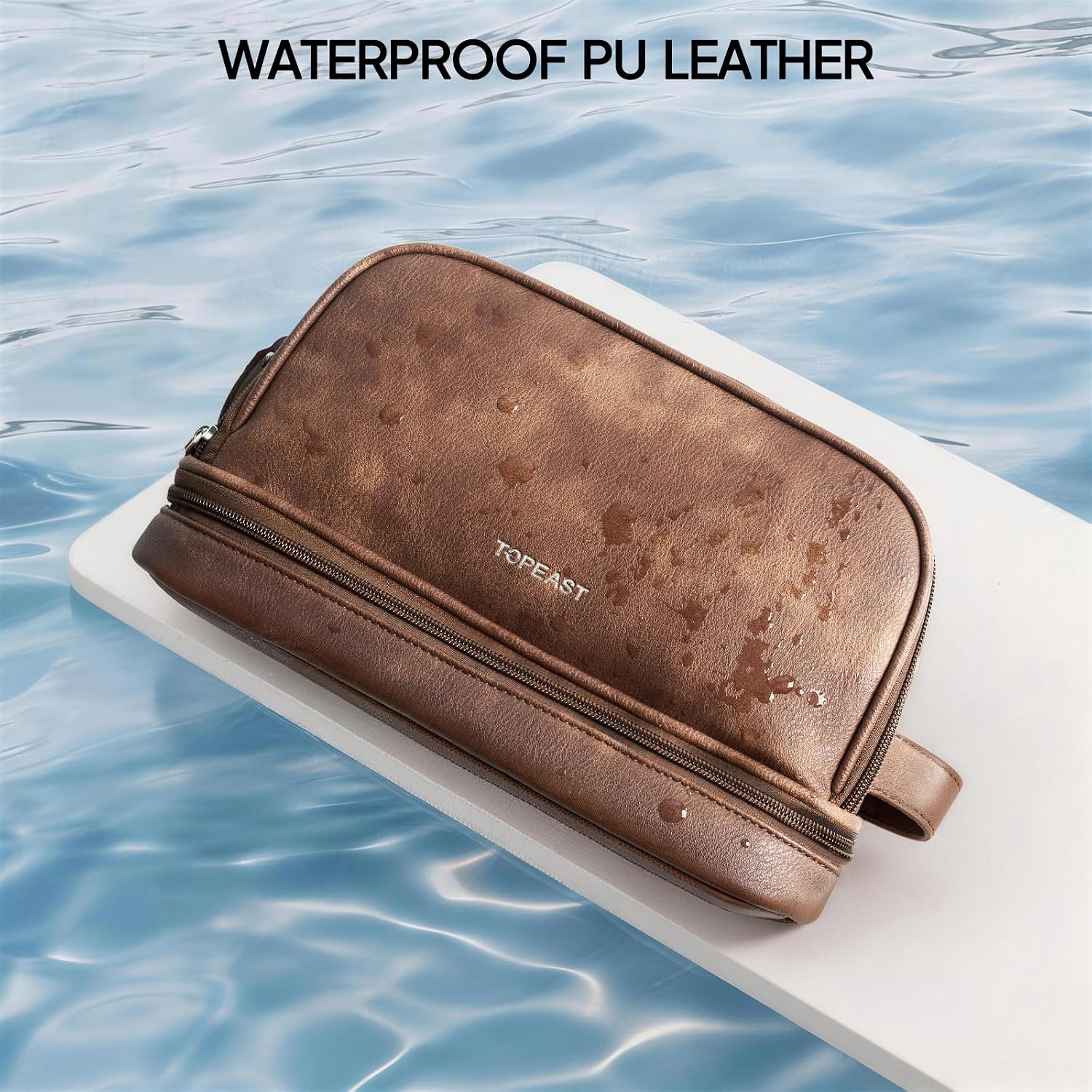 TOPEAST Toiletry Bag for Men, Large PU Leather Dopp Kit with Waterproof Wet Pocket, Double Layer Travel Toiletry Organizer with Brush Compartment, Shaving Bag with Handle, Brown
