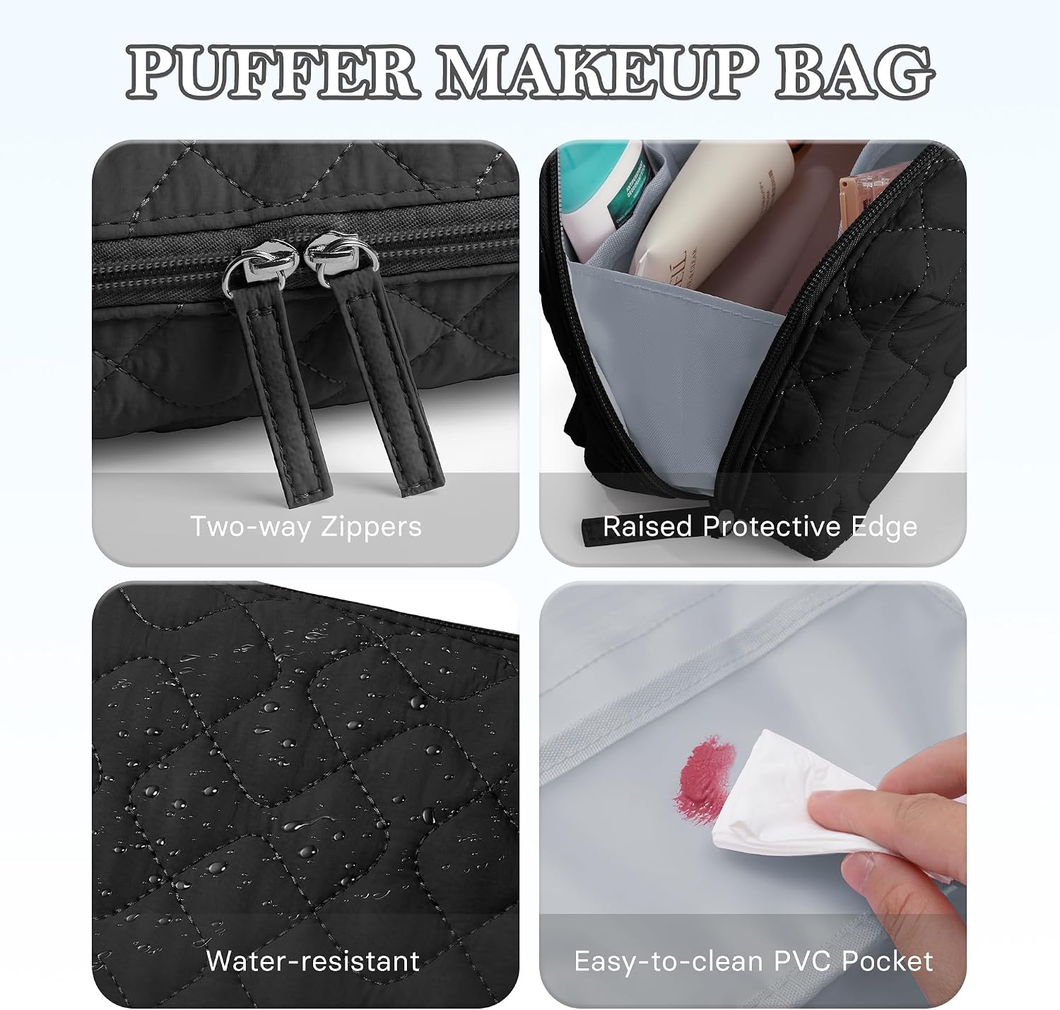 TOPEAST Christmas Gifts for Women Girls - 2Pcs Makeup Bag Small Travel Cosmetic Bag Puffy Make Up Pouch Set, Open Flat Waterproof Toiletry Bags Organizer for Traveling, Black