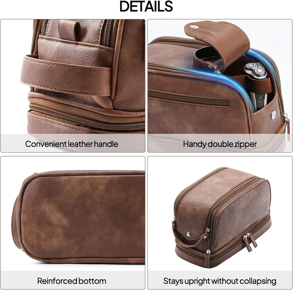 TOPEAST Toiletry Bag for Men, Large PU Leather Dopp Kit with Waterproof Wet Pocket, Double Layer Travel Toiletry Organizer with Brush Compartment, Shaving Bag with Handle, Brown