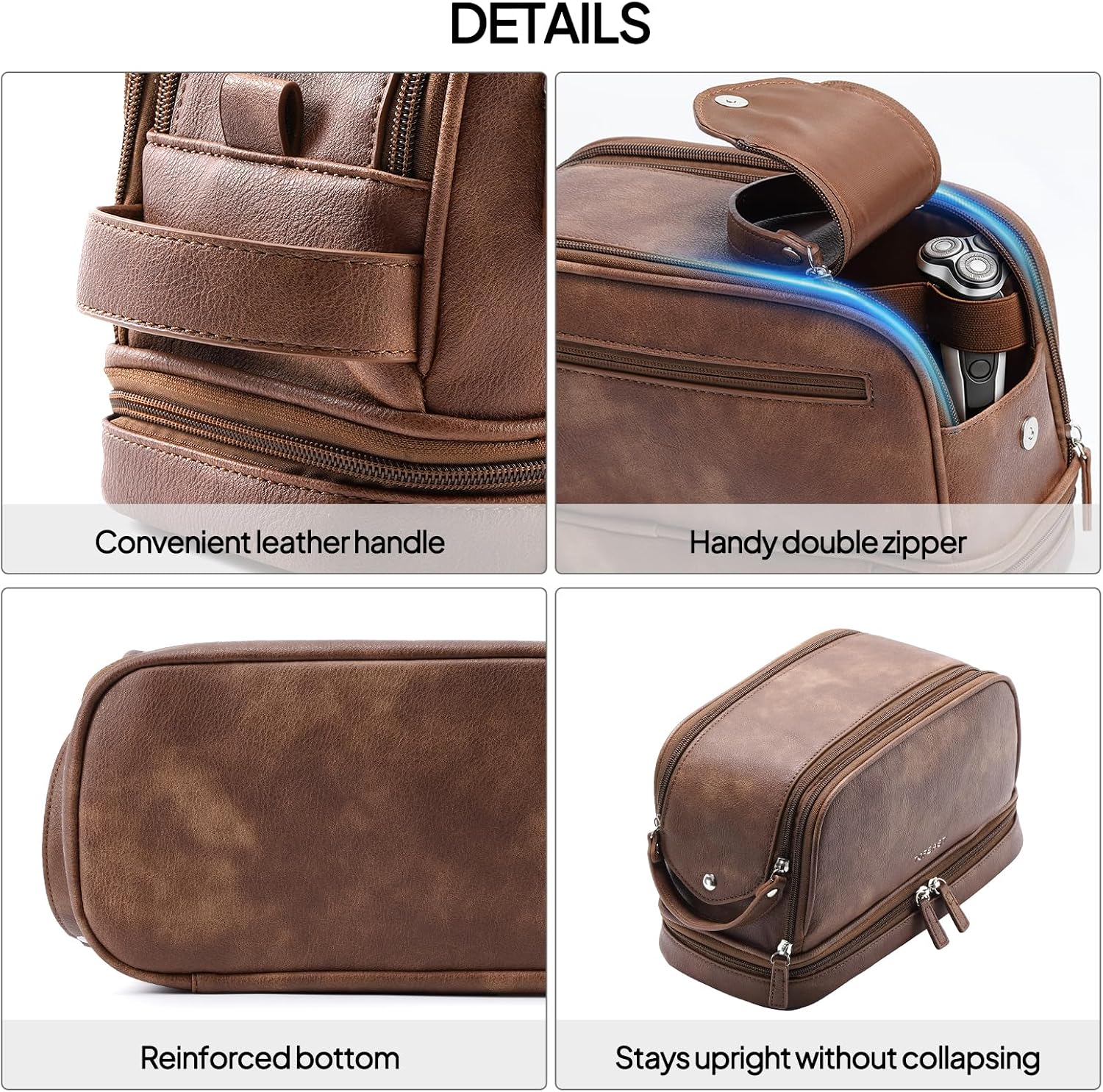 TOPEAST Toiletry Bag for Men, Large PU Leather Dopp Kit with Waterproof Wet Pocket, Double Layer Travel Toiletry Organizer with Brush Compartment, Shaving Bag with Handle, Brown