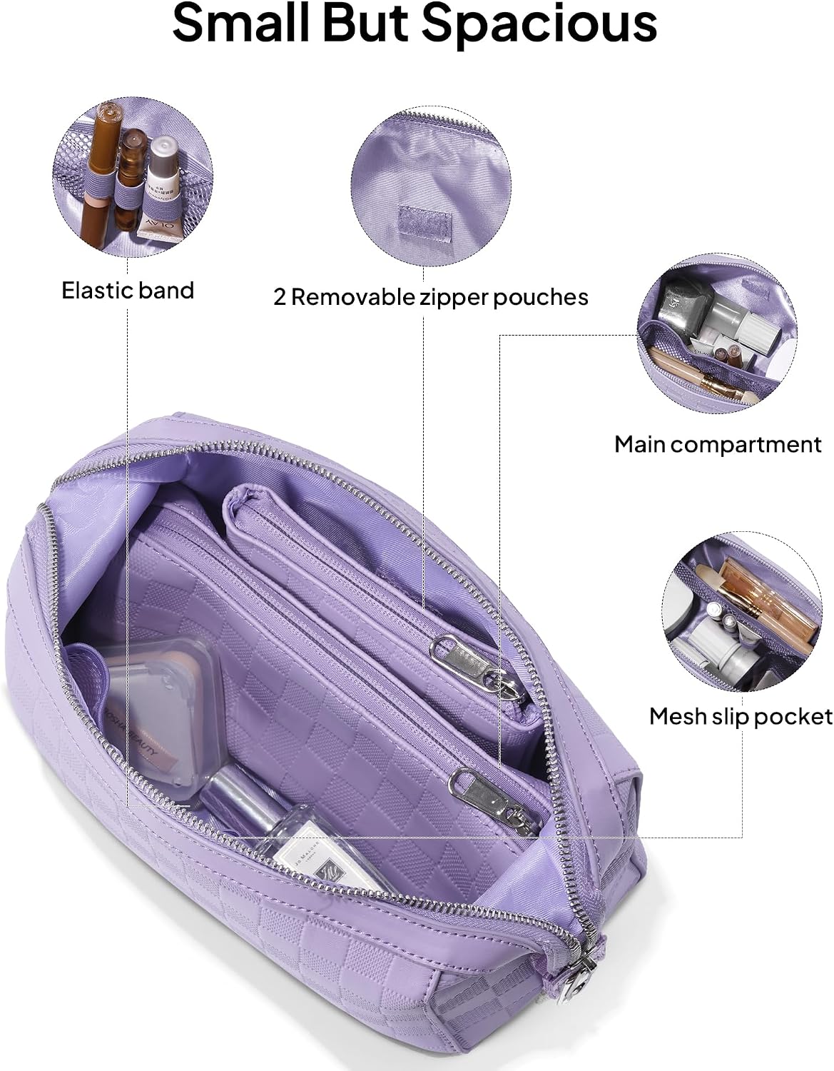 TOPEAST Travel Makeup Bag Cosmetic Bags for Women, 3 Pcs Set Make Up Toiletry Bag with Removable Zip Pouch, Waterproof Leather Makeup Brush Organizer for Travel Essentials, Purple