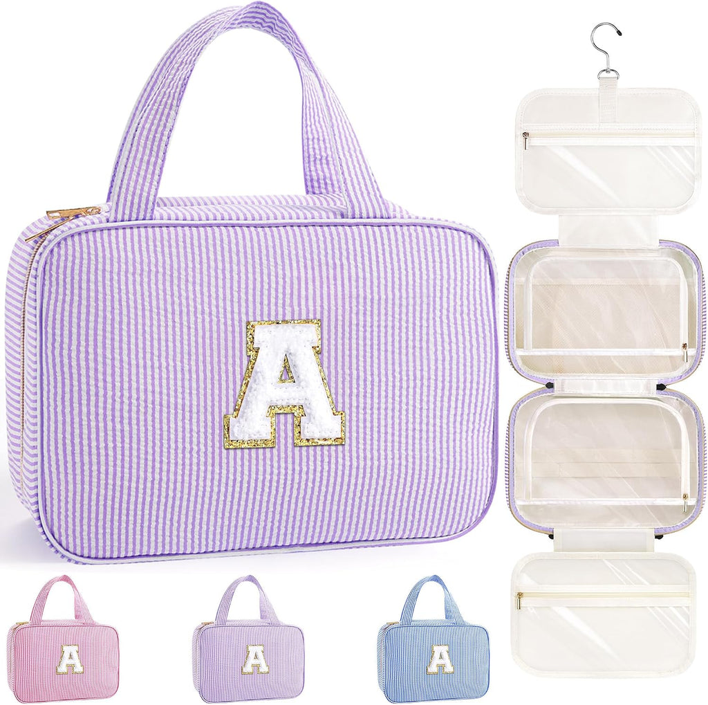 TOPEAST Travel Hanging Toiletry Bag & Makeup Bag, Personalized Initial Toiletry Pouch, Birthday Gifts for Women Teen Girls, Cruise Essentials, Purple A