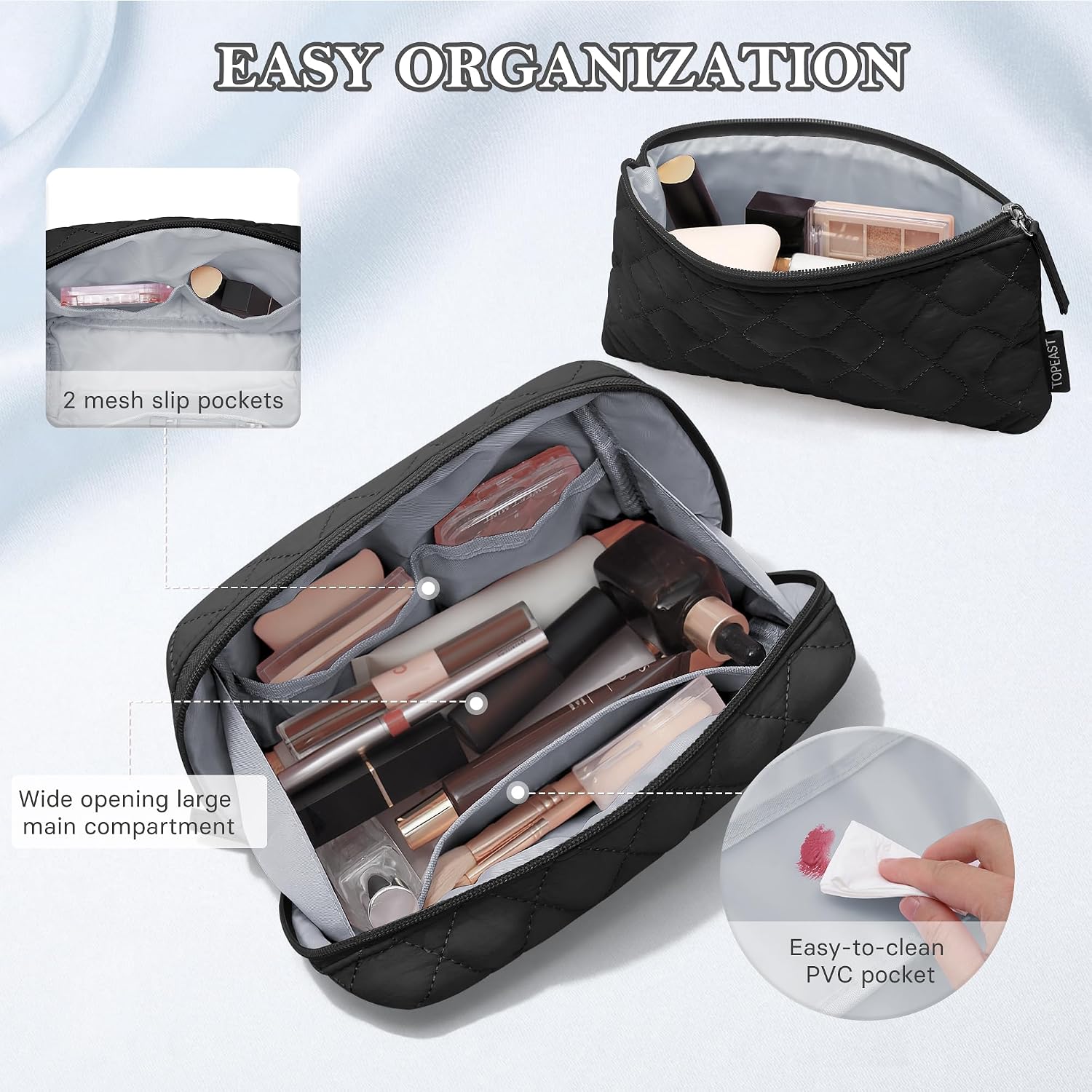 TOPEAST Christmas Gifts for Women Girls - 2Pcs Makeup Bag Small Travel Cosmetic Bag Puffy Make Up Pouch Set, Open Flat Waterproof Toiletry Bags Organizer for Traveling, Black