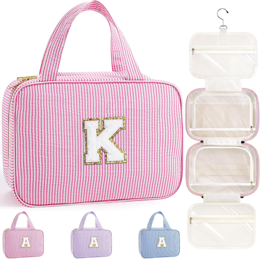 TOPEAST Travel Hanging Toiletry Bag, Personalized Initial Toiletry Pouch, Birthday Gifts for Women Mom Daughter Sister Friends, Cruise Essentials, Pink K