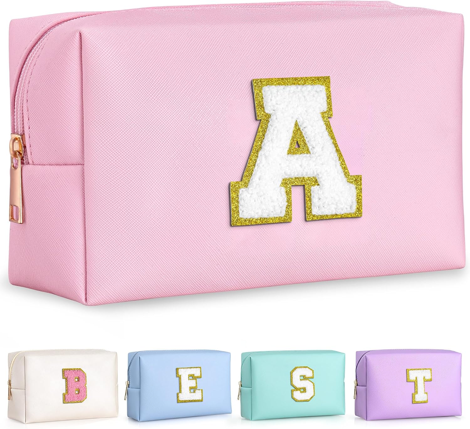 TOPEAST Initial Makeup Bag, Birthday Gifts for 4 5 6 7 8 9 10 11 12 Year Old Teen Girls, Teacher Gift Graduation Gift, Personalized Preppy Cosmetic Bags Toiletry Bag (Pink A)