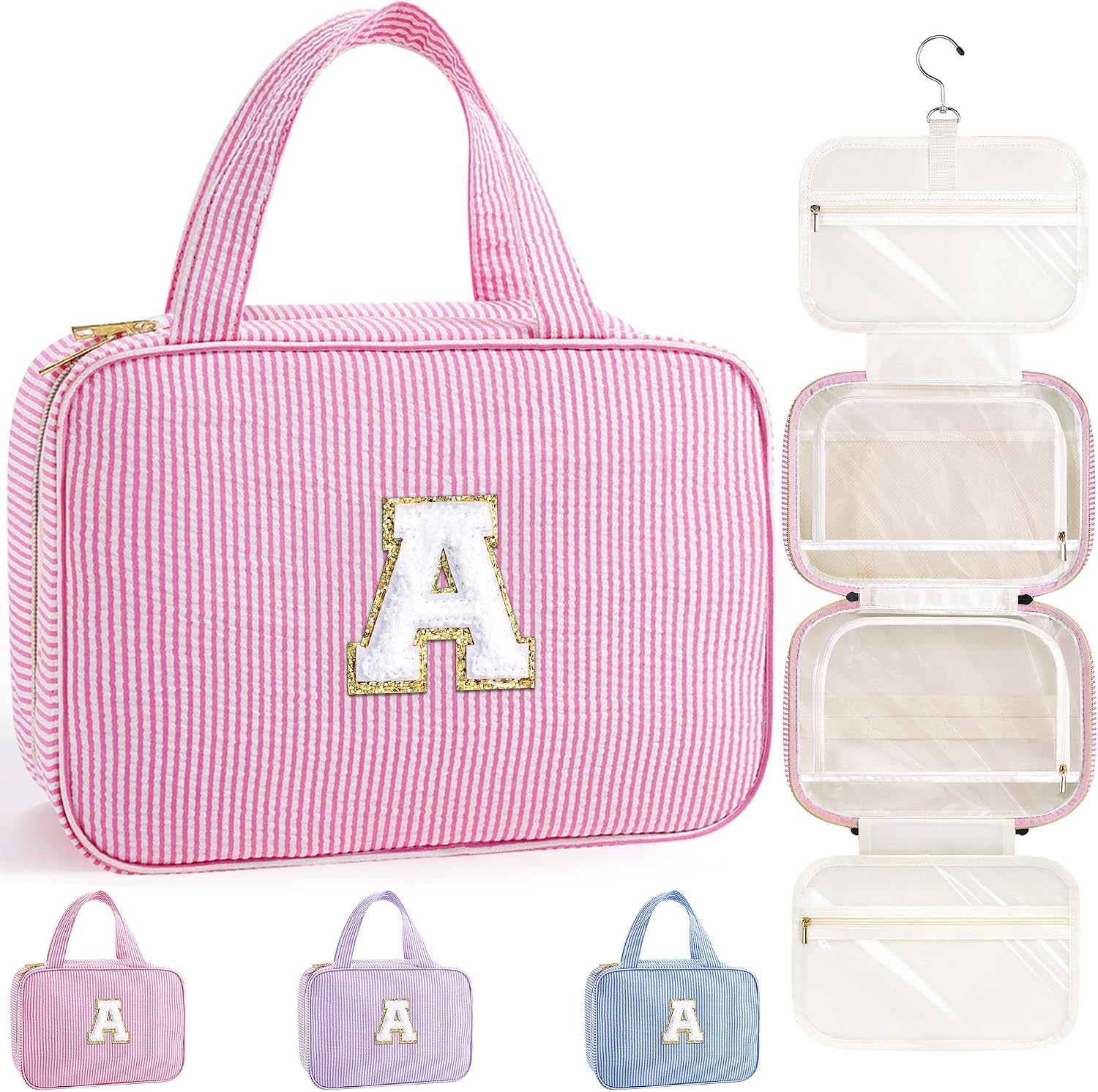 TOPEAST Gifts for Girls Kids - Travel Hanging Toiletry Bag & Makeup Bag, Personalized Initial Toiletry Pouch, Birthday Gifts for Women Teen Girls Friends, Cruise Essentials, Pink A