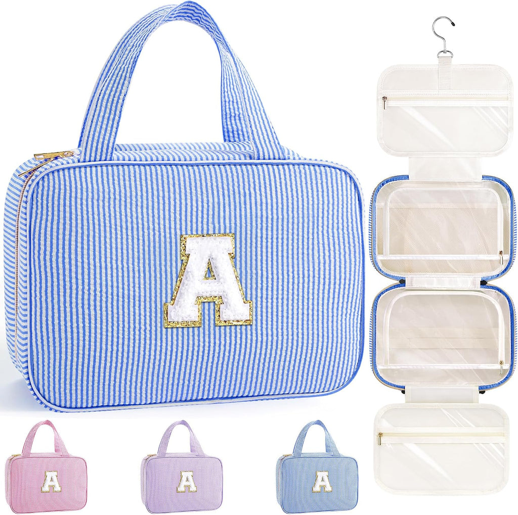 TOPEAST Travel Hanging Toiletry Bag & Makeup Bag, Personalized Initial Toiletry Pouch, Birthday Gifts for Women Teen Girls Friends, Cruise Essentials, Blue A